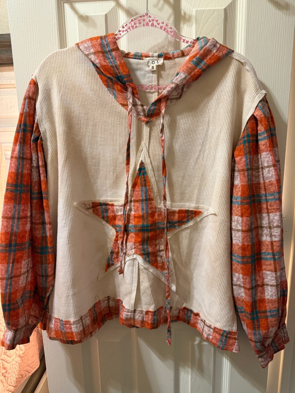 POL Cream Waffle Hoodie with Orange & Teal Plaid Star